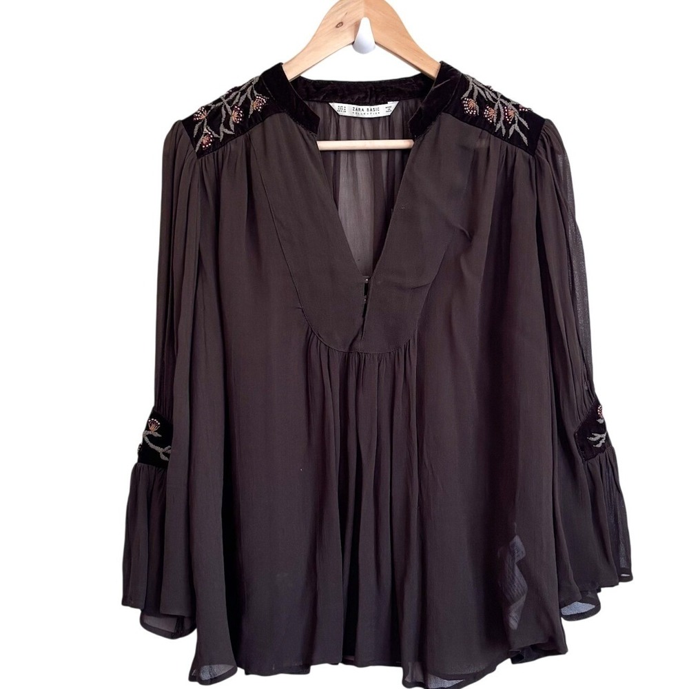 Zara Womens Sheer Bell Sleeve Boho Fairy Shirt Medium Brown‎ Floral Embroidered